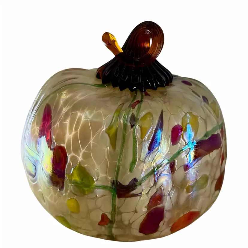 Iridescent Hand Blown Art Glass Pumpkin  Shelf Art Seasonal Decor Ivory•Orange•Green•Yellow Abstract Patch & Vine Pattern 
3.25” T x 3.25” W