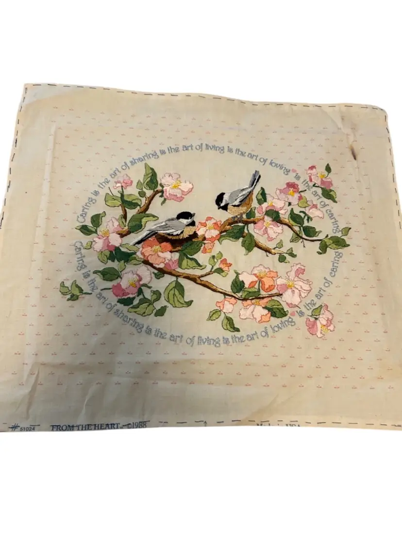 1988 “ From The Heart” Crewel With Chickadees And Blossoms Small Stain In Upper Right Hand Corner Not Visible When Framed 16 1/2x 14 1/2