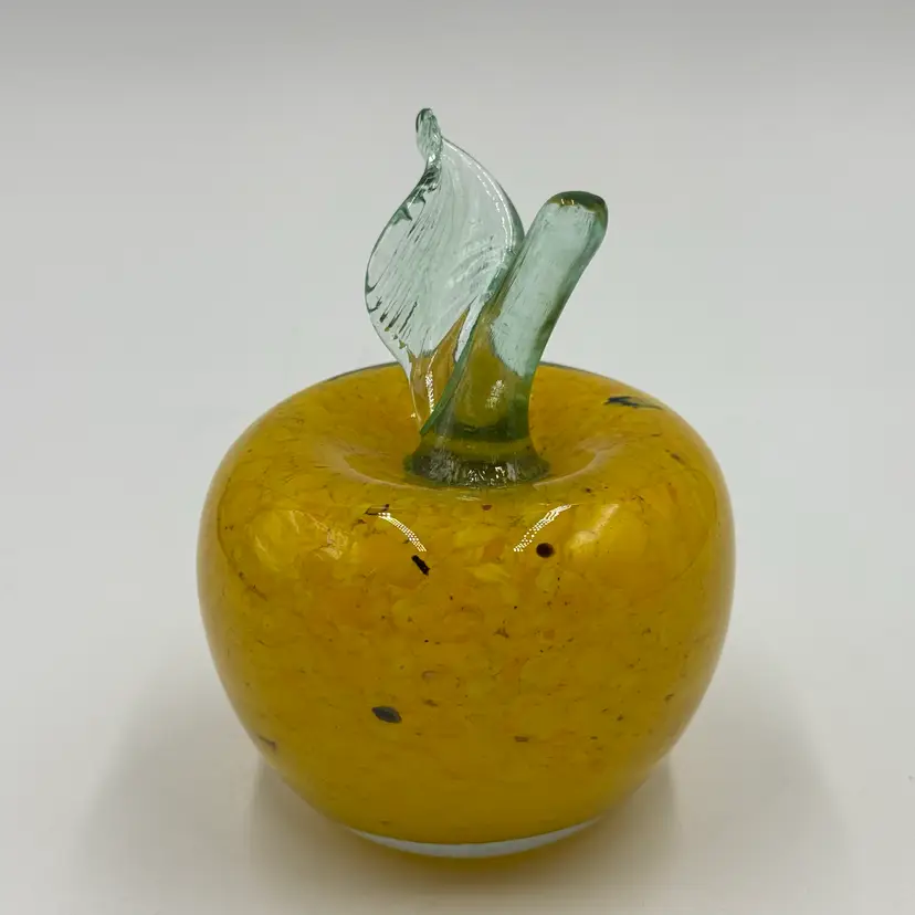 Art Glass Mottled Yellow Apple Paperweight With Applied Green Stem Leaf Figurine