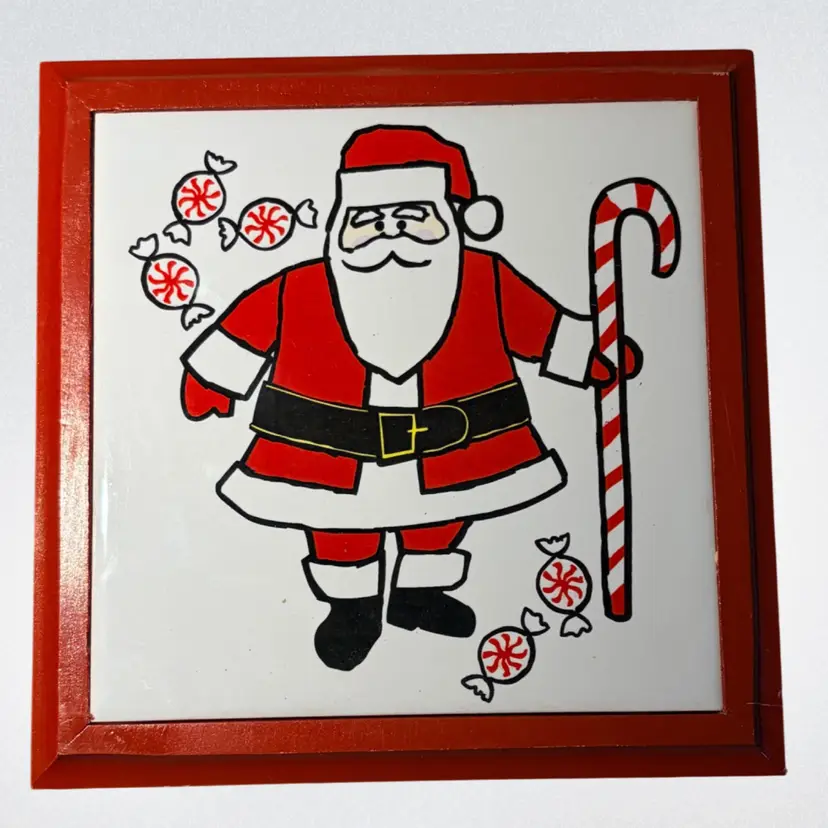 Santa Trivet- Wall Decor- Painted Tile With Red Wood Frame- 7.25” Square