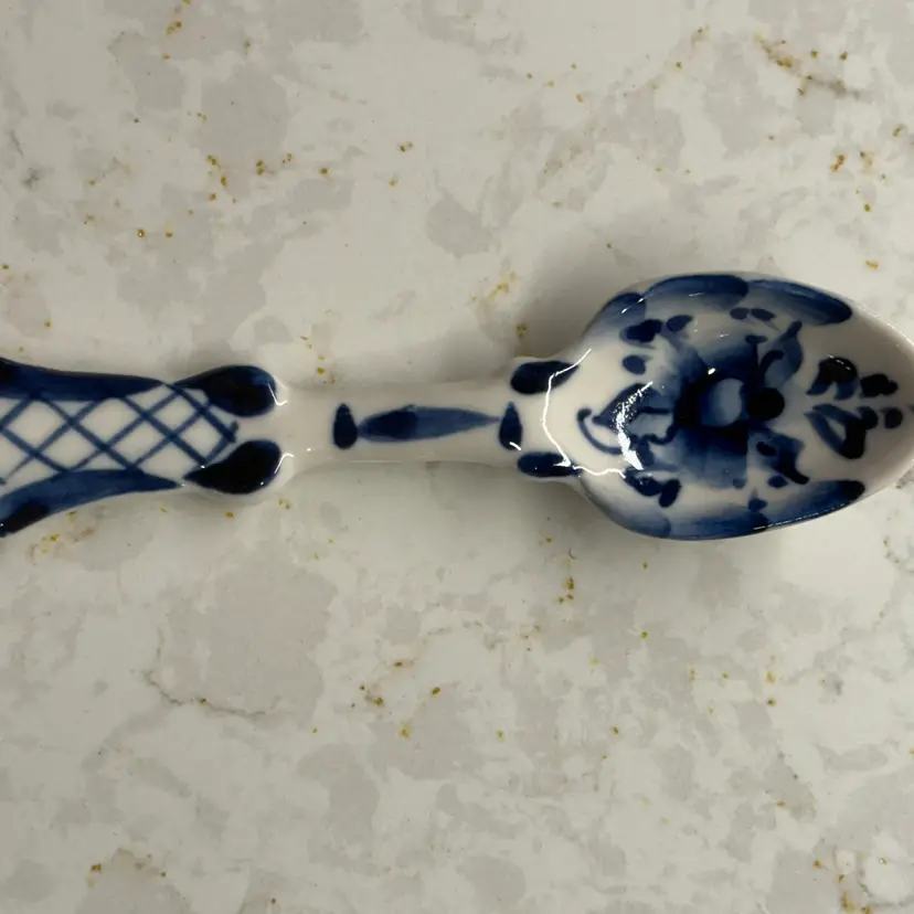 Vtg Russian Gzhel Porcelain Small Spoon - Blue & White Hand Painted - 4.5"