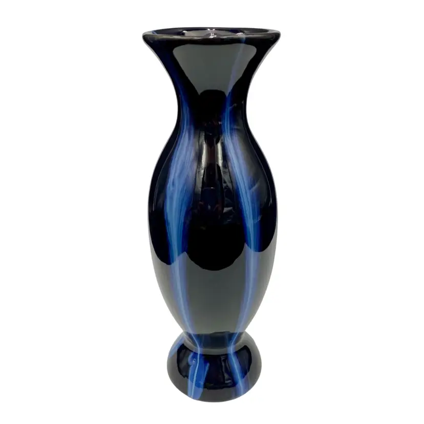 Vintage Huronia Pottery (Canada) Red Clay Vase, Navy w/Reflow Flame Drip Glaze
