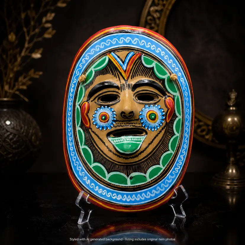 Vintage Mexican Talavera Mask Clay Folk Art Wall Art Hand Painted Terracotta