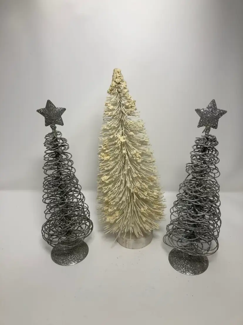 Trio Of Christmas Trees! 11” Bottle Brush Tree And 2 Metal Glittery Trees With Stars On Top, 9 3/4” Tall! 🎄🎄🎄