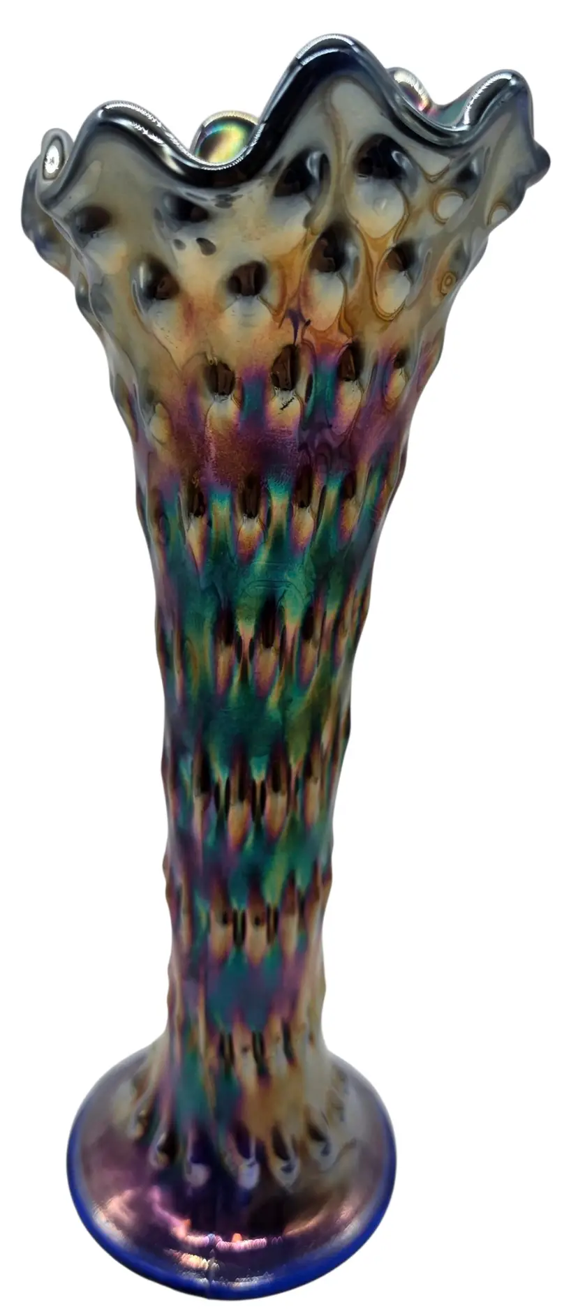 FENTON BLUE RUSTIC HOBNAIL CARNIVAL GLASS VASE 10" VASE~STUNNING