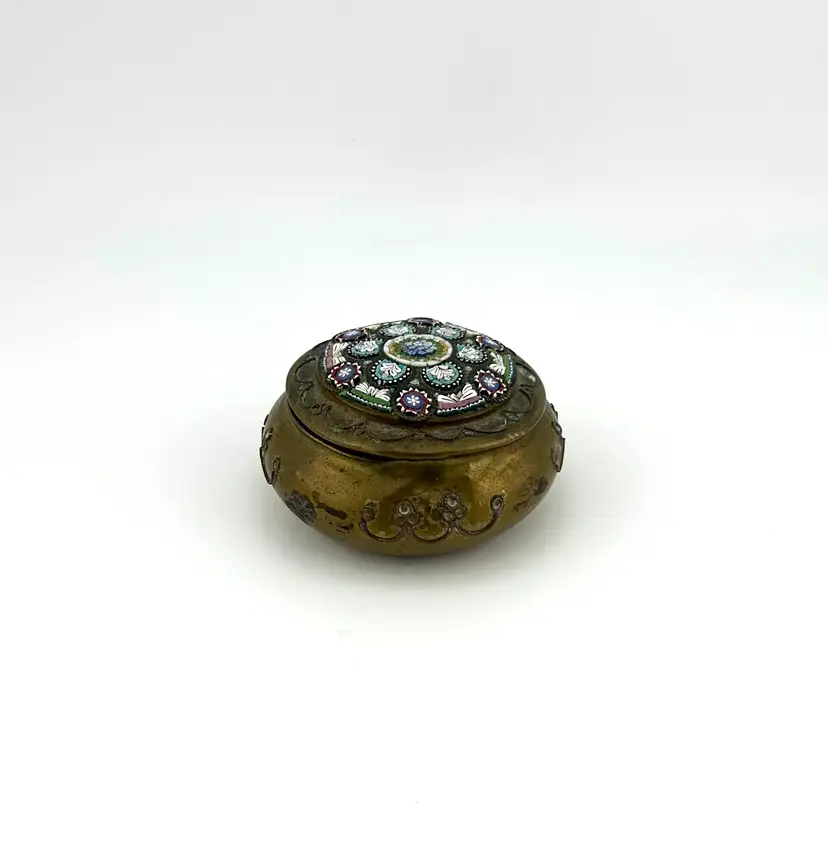 Vintage Micro Mosaic Brass Lidded Box 2.25”x 1.5”
