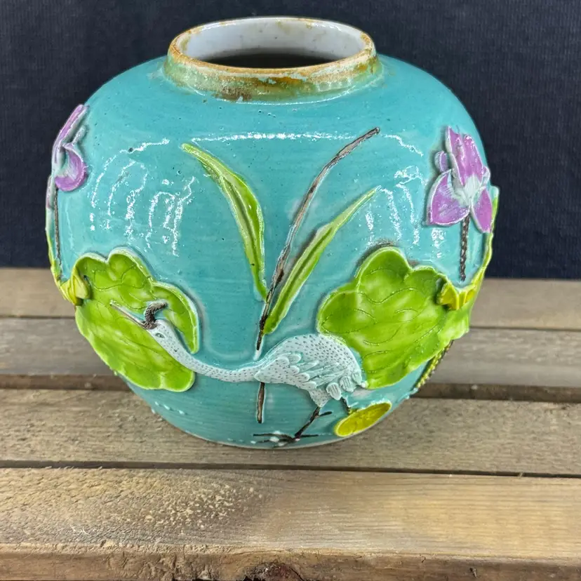 Antique Chinese Ginger Jar Lotus & Crane Blue Vase Wang Bing Rong style no Lid