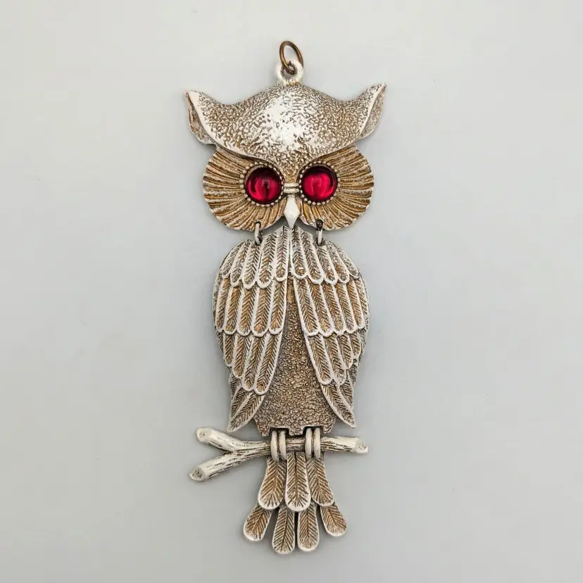 Large 6" Articulated Owl White and Gold with Large Red Cabochon Eyes 70s Groovy
