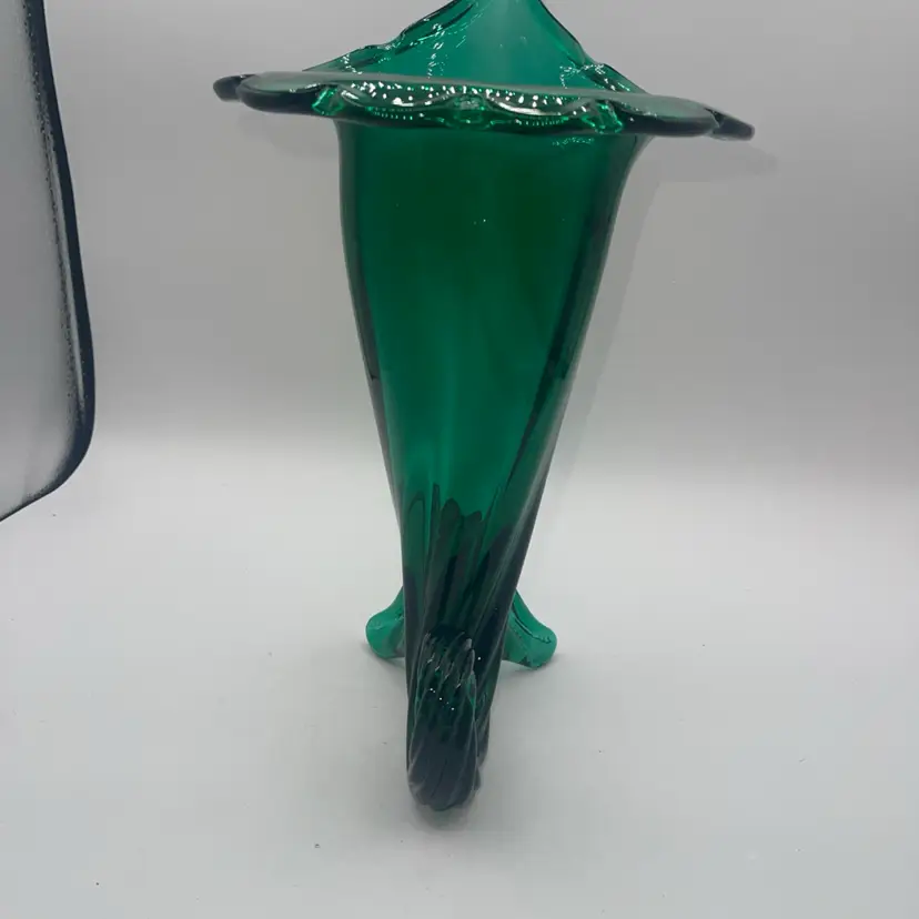 34-Emerald Green Cornucopia Vase 11 1/2 Inches Long Vintage
