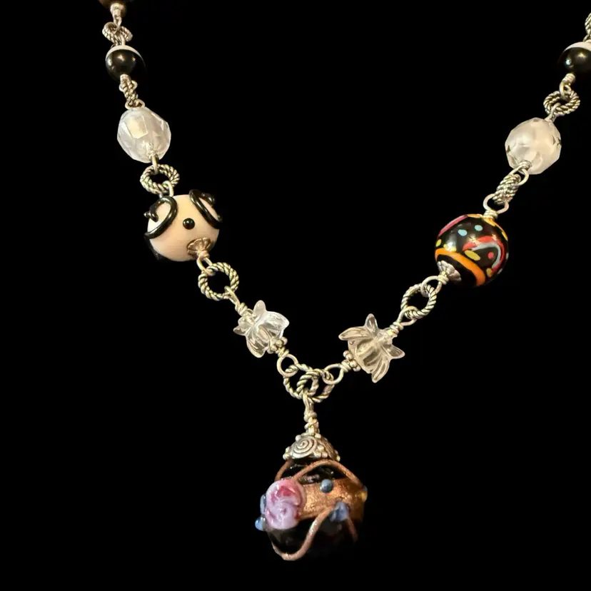 Murano Glass Wedding Cake & Glass Bead Necklace 18”