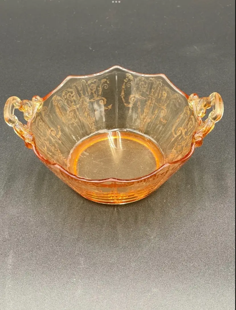 Vintage Amber Depression Glass with Cleo Etched Handles Decagon Pattern by Cambridge