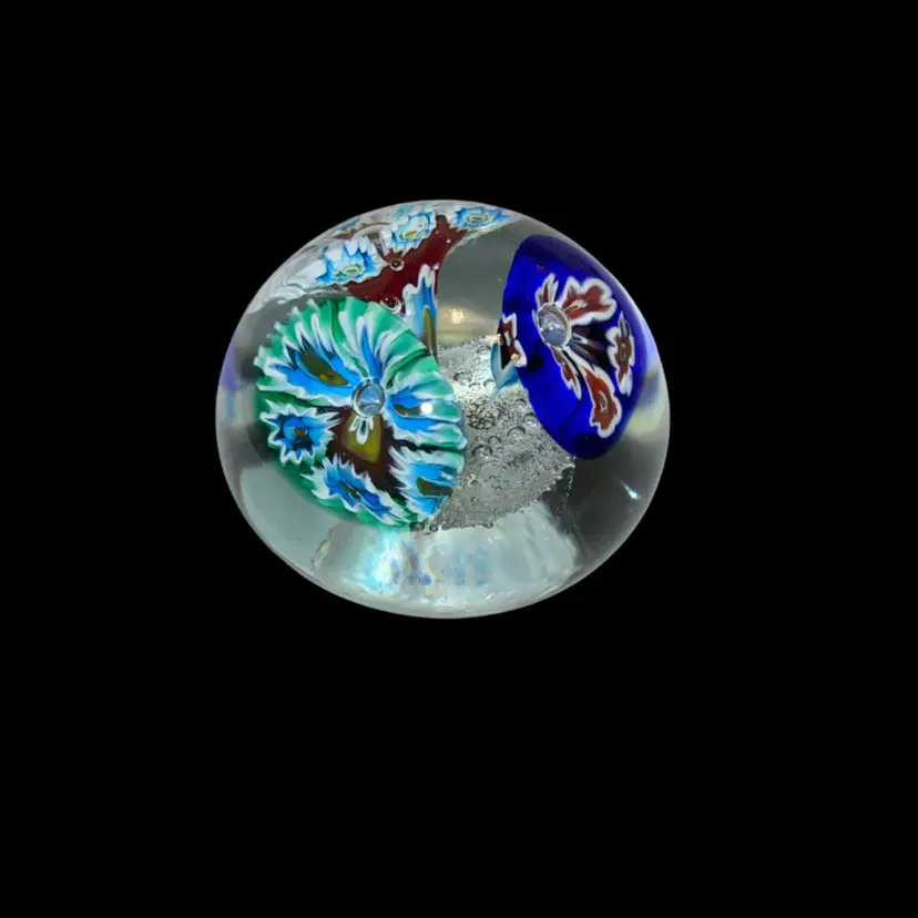 VTG Murano Italy Art Glass Paperweight With Millefiori Floral And Controlled Bubbles Design