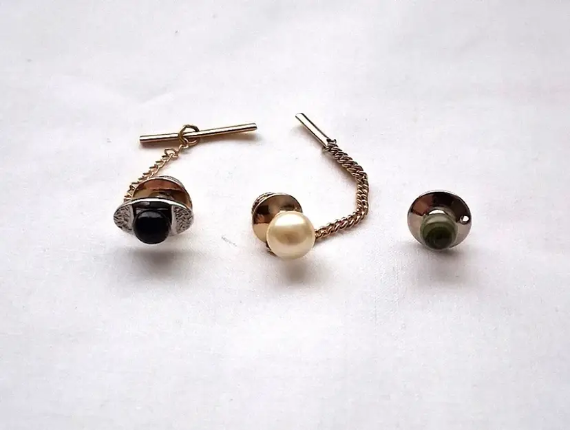Three Vintage Men's Tie Tacks Black, Faux Pearl , Green Swirl - Gold Tone