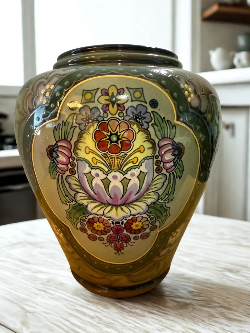 German 1890s - 1920s Franz Anton Mehlem (FAM) Royal Bonn Enameled Vase Urn Art Nouveau Vintage Home Decor Collectable
