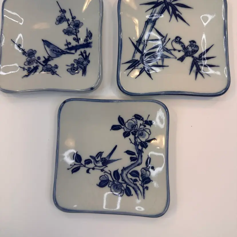 Blue & White Bird Porcelain Dishes – Set of 3
