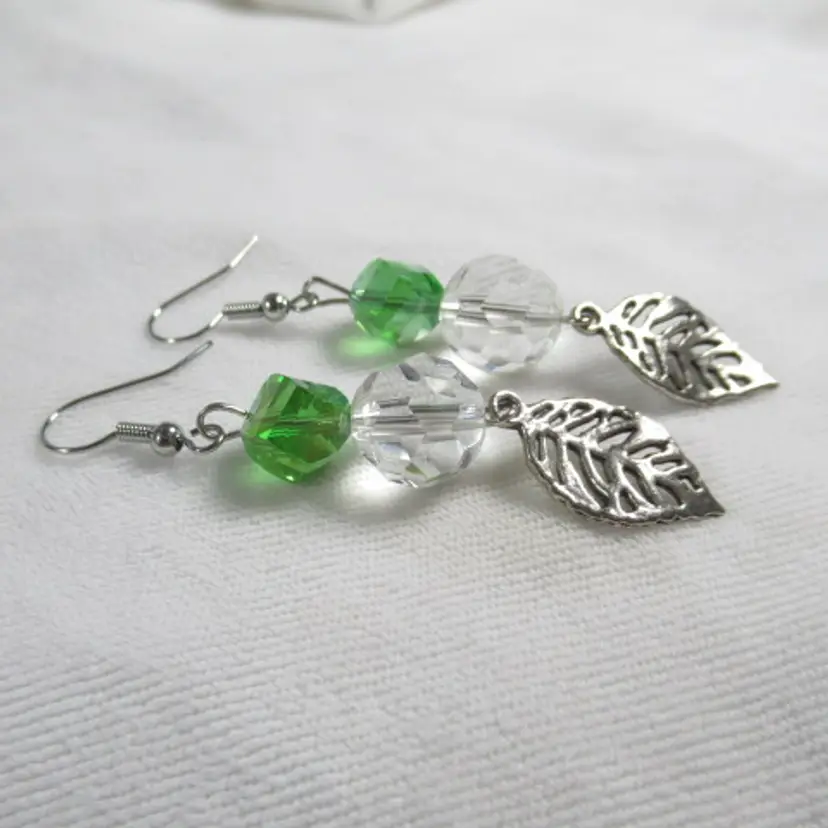 Green and Clear Beaded Earrings with Leaf Charms Handmade