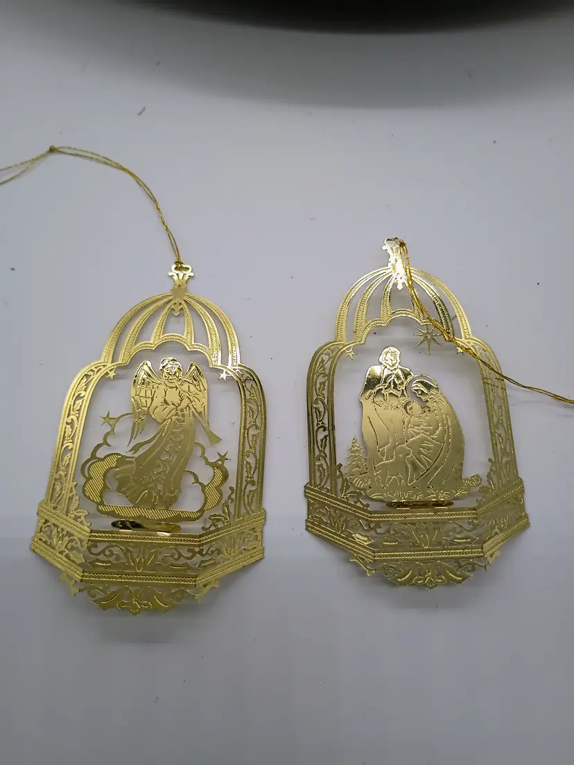 Set of 2 Stamped Brass with Gold Plating Religious Christmas Ornaments.