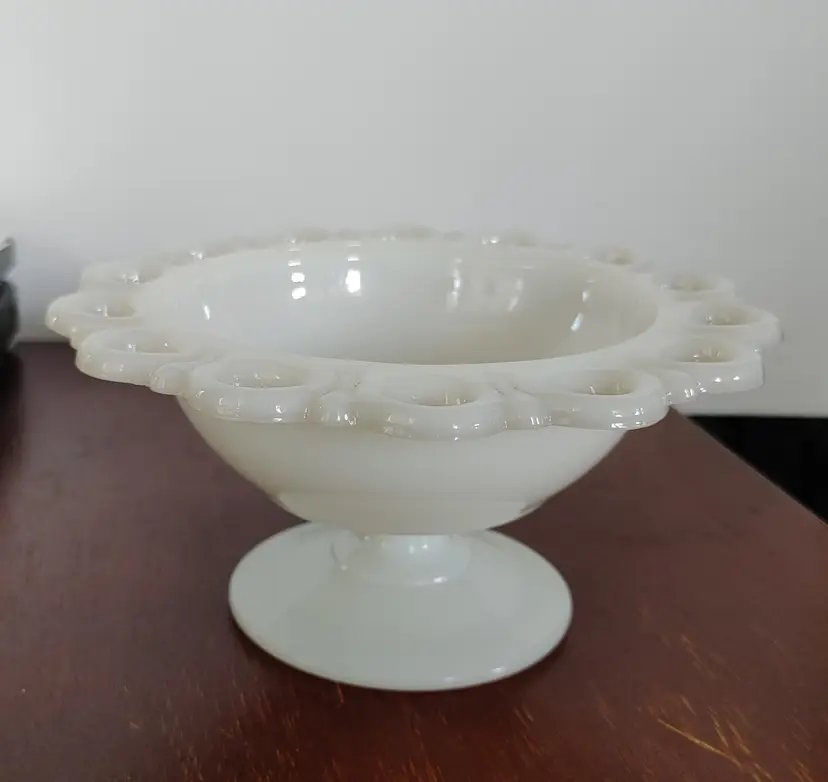 Anchor Hocking "Old Colony or Lace Edge" milk glass pedestal compote bowl. 7 inch diameter. 1950-60. No chips or cracks.