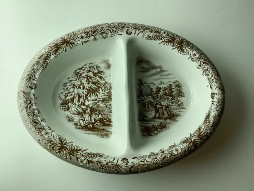 Currier & Ives Harvest Divided Dish Brown White