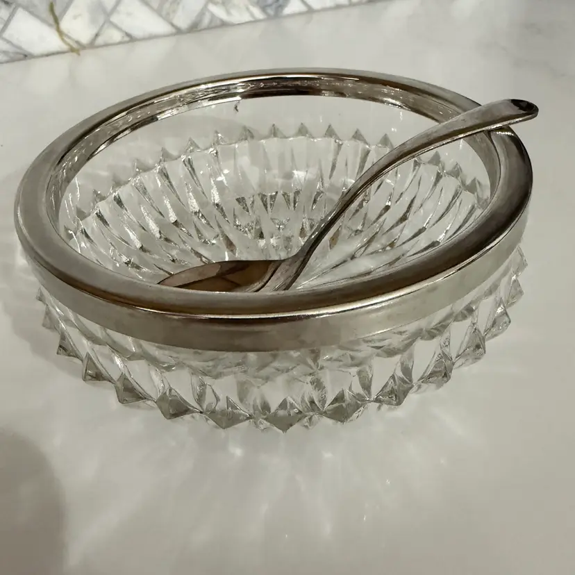 Vintage lead crystal serving bowl with silver-plated rim and spoon. 2” X5” Spoon Is Silver Plated By Sheffield 5 Inches Long