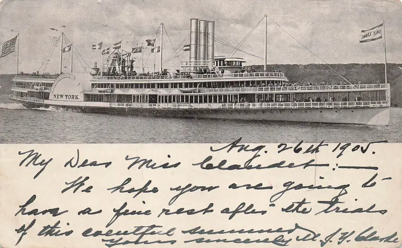 1906 Hudson River Day Line Steamer New York Antique Postcard Paddlewheel Ship
