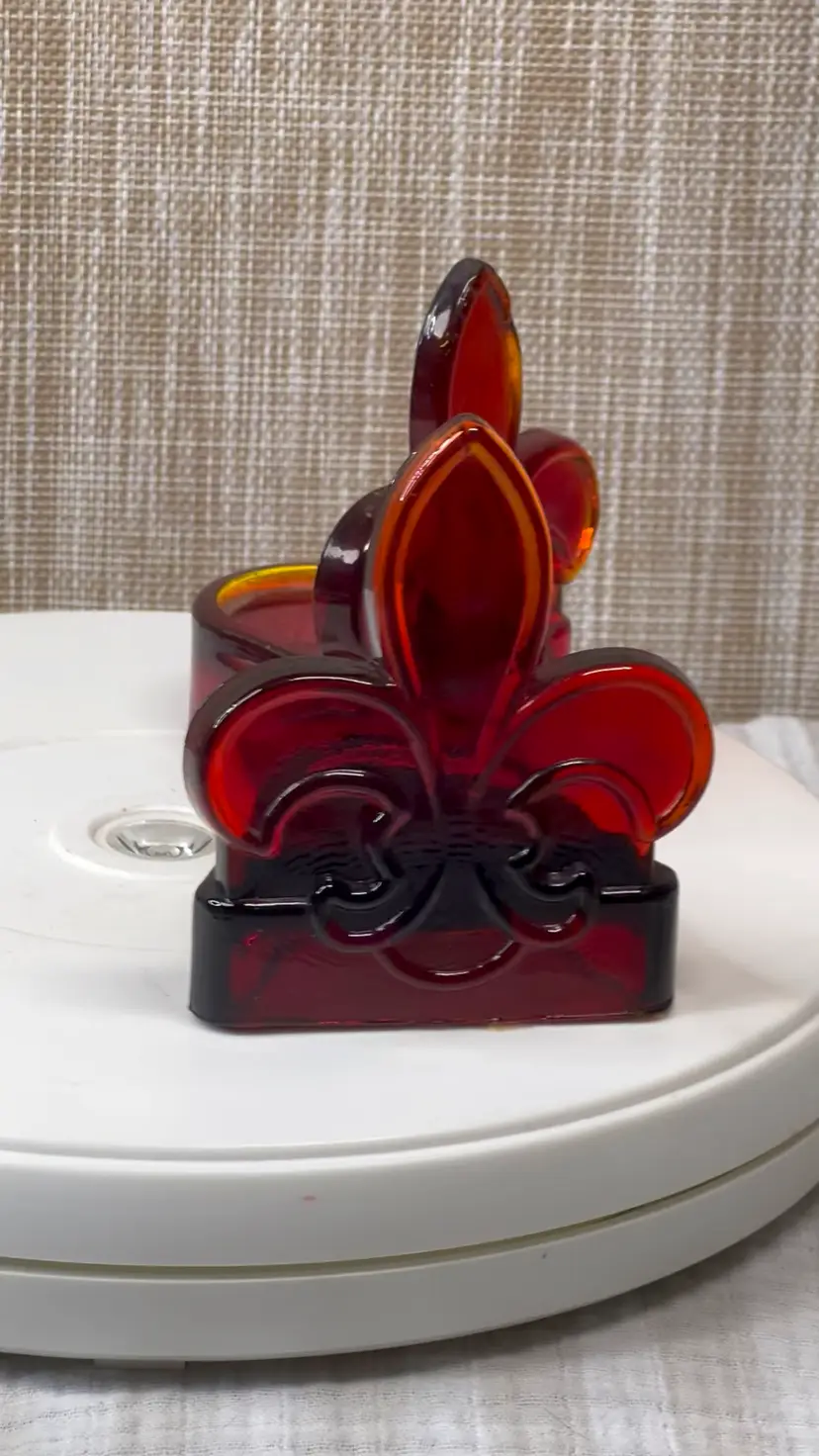 013 Vintage Amberina Red Orange Fleur De Lis  Pair Of Votive/Tea Light Holders Glowy 3.75" X 3.25" X 2.5"