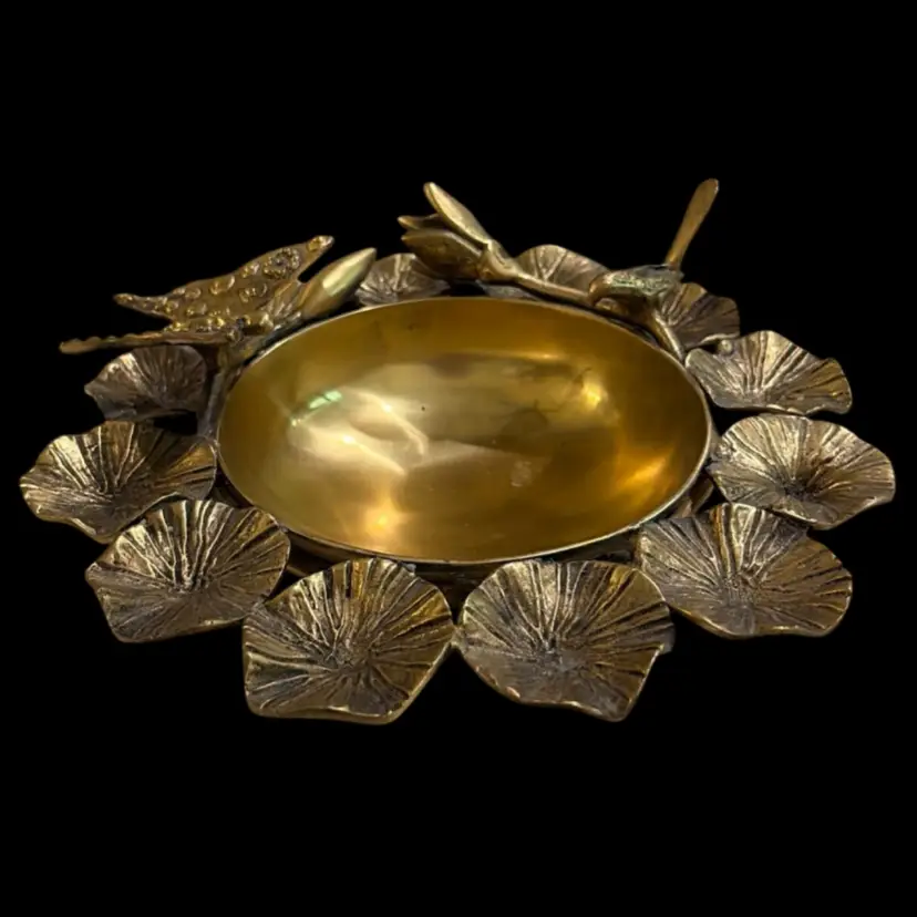 Handcrafted Solid Brass Lotus Urli Bowl – 9.5” Perched Bird & Butterfly Centerpiece