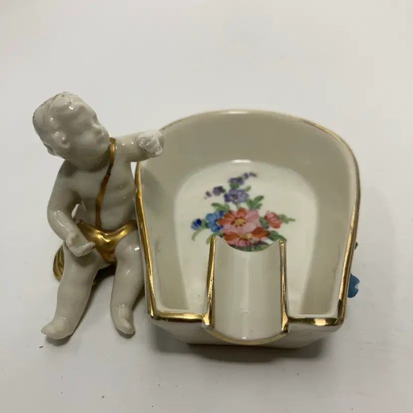 Vintage Dresden Saxony Porcelain Hand Painted Cherub Ashtray READ! Chipping To Flowers As Seen In Pics!