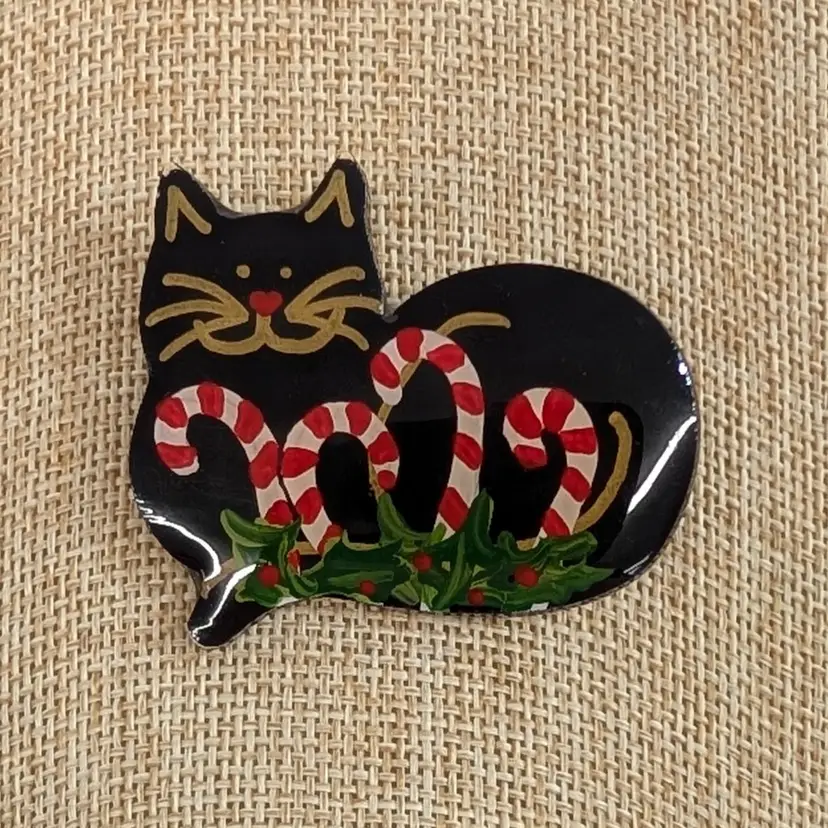Vintage Black Cat with Candy Canes Brooch Hand Painted Wood Artisan Christmas