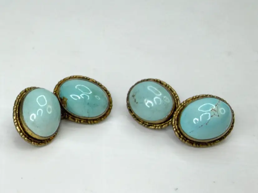 Antique Art Deco 800 Silver rolled Gold Turquoise Cabochon Cufflinks 8.6g SS490