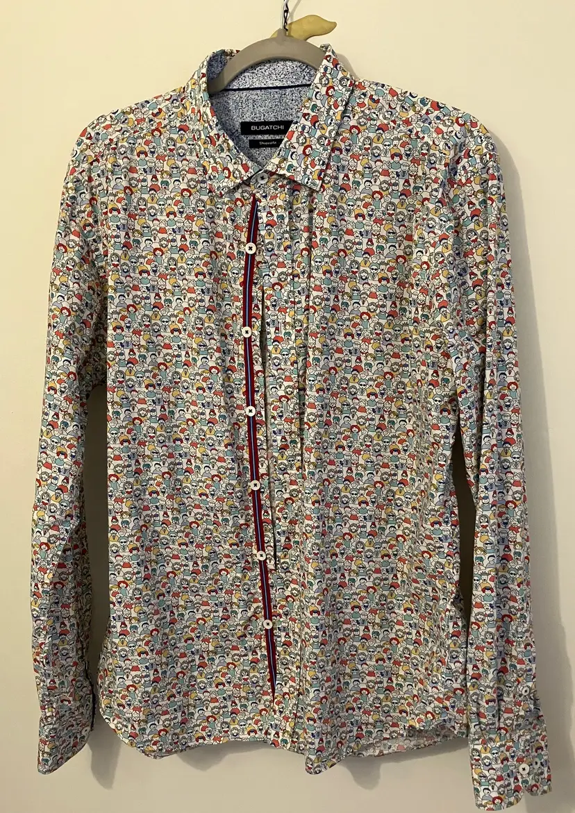 Bugatchi Button Up Shirt Mens L Multicolored People All Over Print Shaped Fit