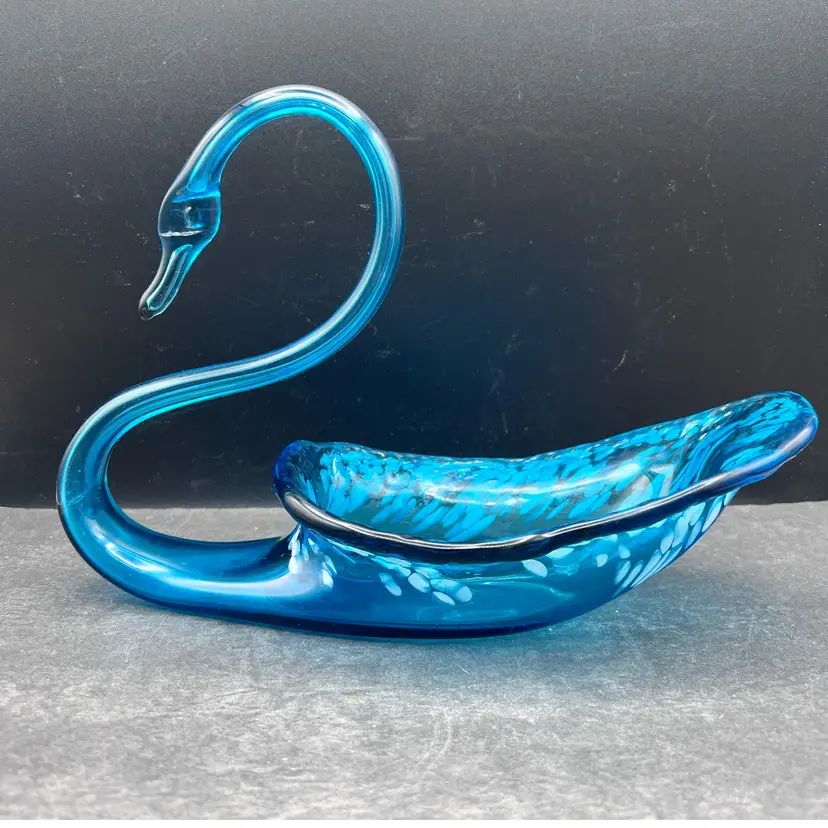 #173B Vintage Sooner/Ozark Glass Hand Blown Swan Planter/Dish. Beautiful Aqua Blue With White.  MCM