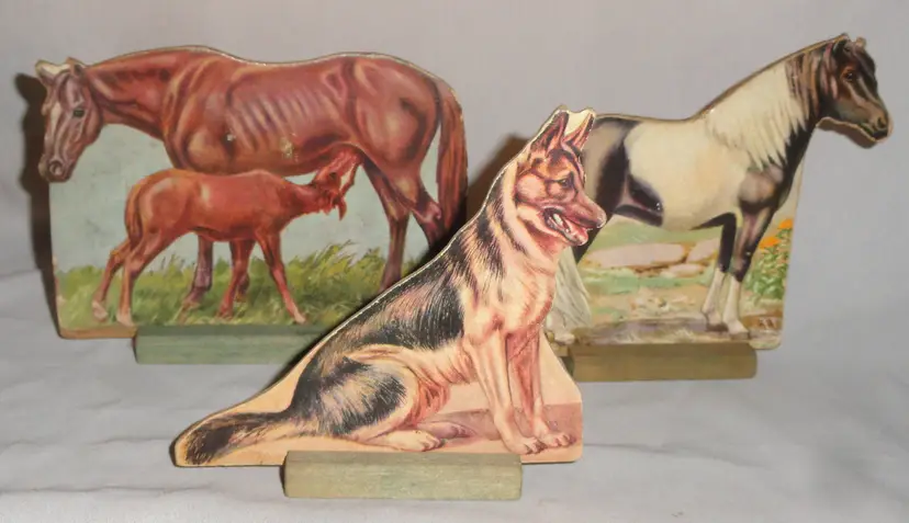 3 Vintage Litho-Cardboard ~ Wood Stand ~ Horses & Dog  w/History on Back