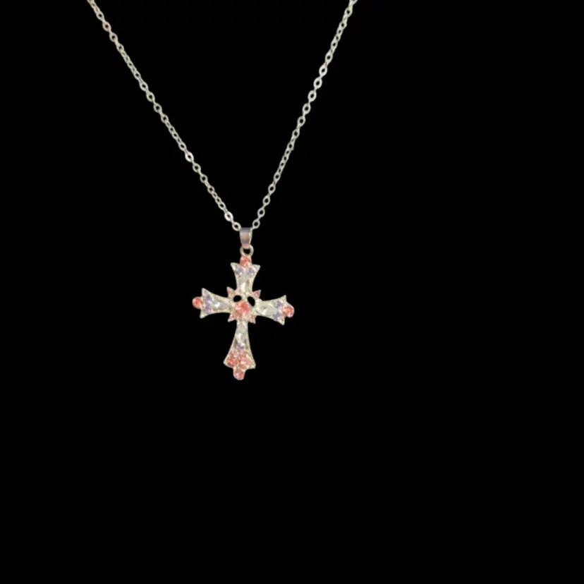 18 Inch Silver Tone Chain With A Cross That Has Amethyst And Pink Beads