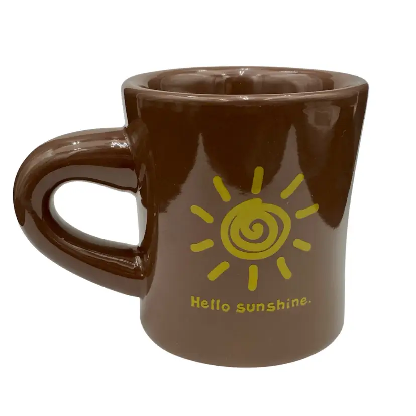 Life is Good "Hello Sunshine" Diner-Style Ceramic Coffee Mug, Brown, Yellow Sun