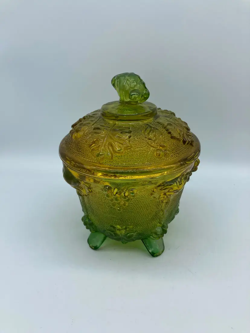 Vtg Jeanette Depression Glass Footed Candy Dish Harvest Grape Green Orange