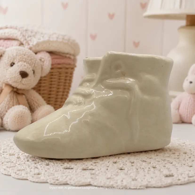 Vintage Ceramic Baby Shoe Bootie Planter Vase Ivory Cream Small Nursery Decor 4"