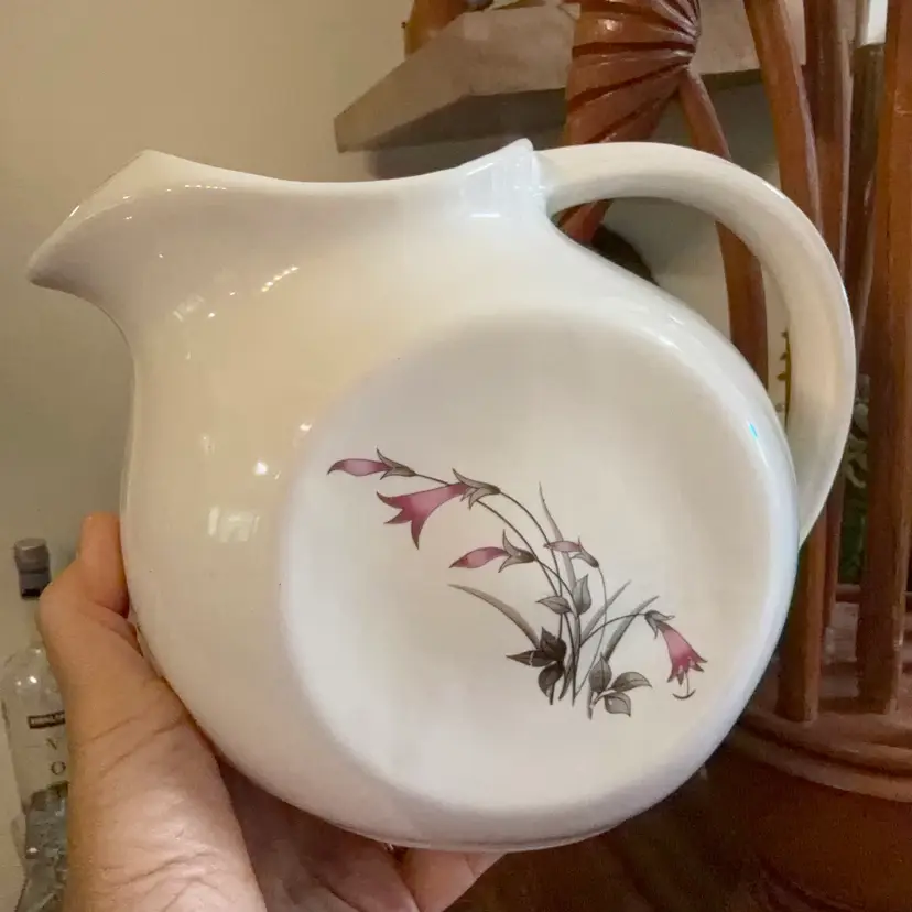 McCoy Pottery Round Disc Pitcher Royal Duchess Mountain Bell Floral 8” W, 6” Tall