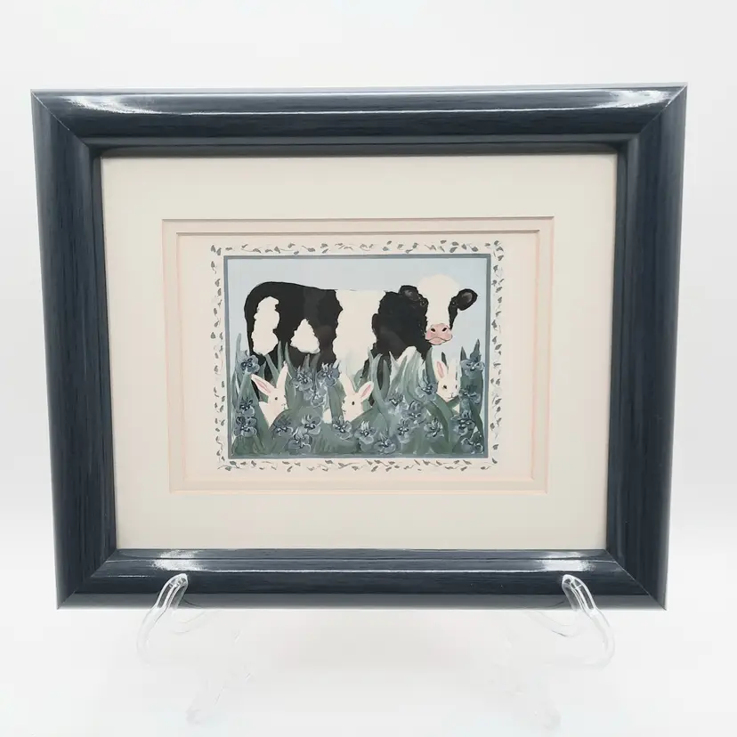 Holstein Cow with Bunny Rabbits Peeking out of Grass/Flowers Framed Matted Print Picture Wall Art Farmhouse Decor