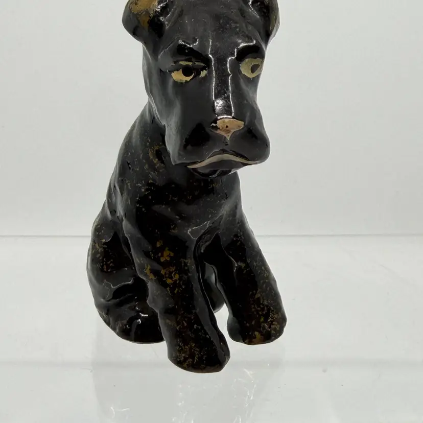 Vintage Black And Gold Glazed, Redware Pottery Schnauzer/Terrier, Dog Figurine
