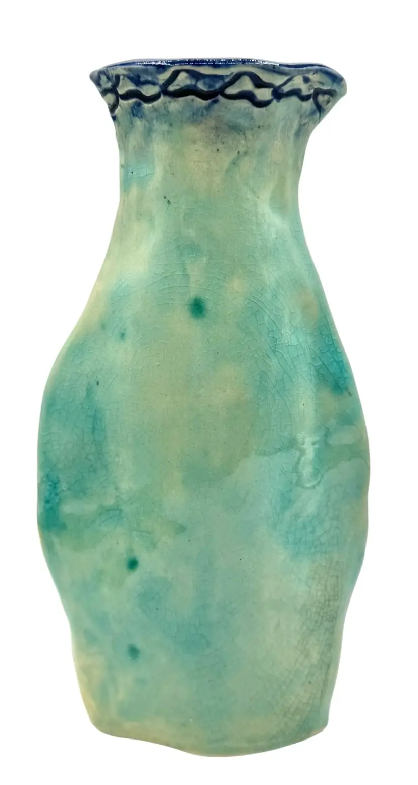 Signed BT Studio Art Pottery Vase Aqua Blue Crazed Abstract Handmade 8.5”