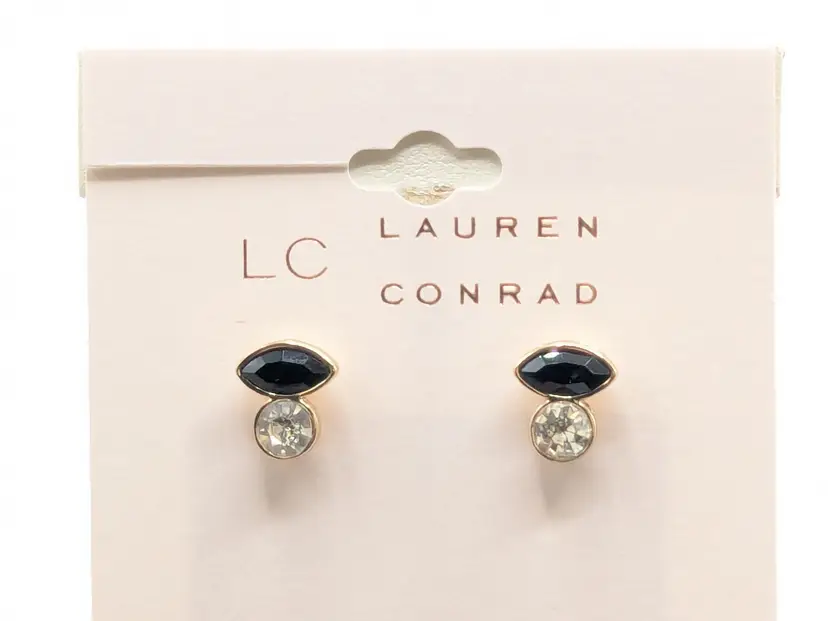 LC Lauren Conrad Gold Tone Black Clear Rhinestone Stud Pierced Earrings NWT