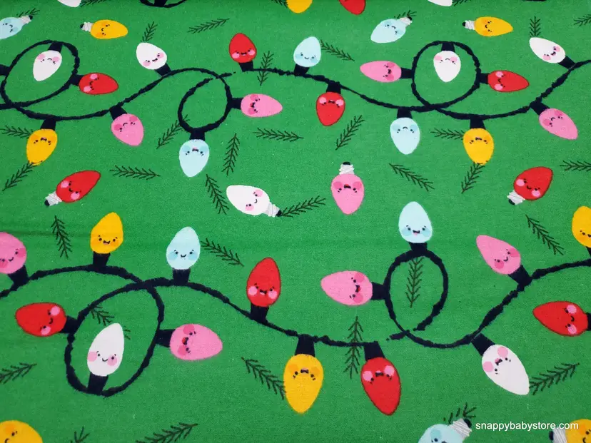 String of Happy Christmas Lights on Green Flannel Fabric Remnant - 100% Cotton - Choose Size - Soft Craft & Quilting Fabric