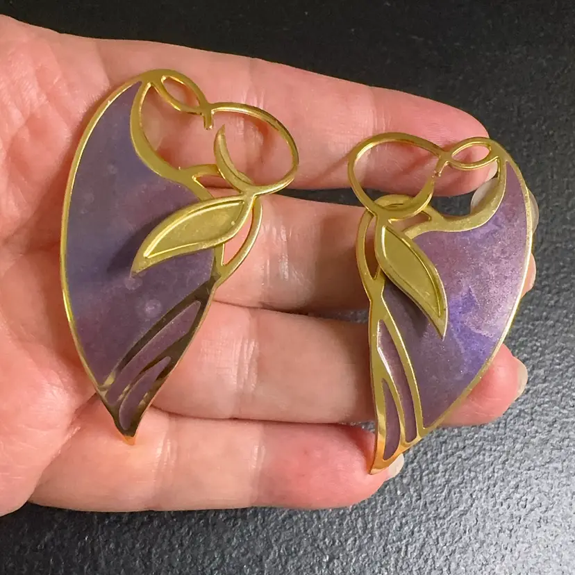 Vintage Edgar Berebi Art Nouveau Enamel Post Earrings, Purple & Gold Calla Lily Leaf BIN BASH SALE
