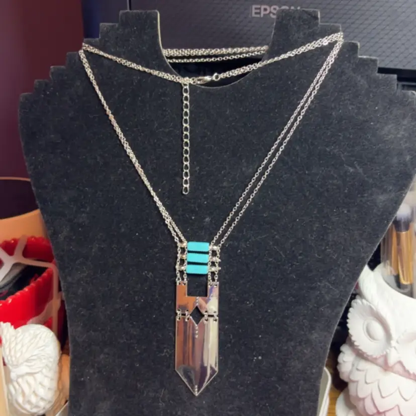 27 Inch Silver Tone, Double Chain With Extender Turquois Acrylic Beads And Drop Down Pendant