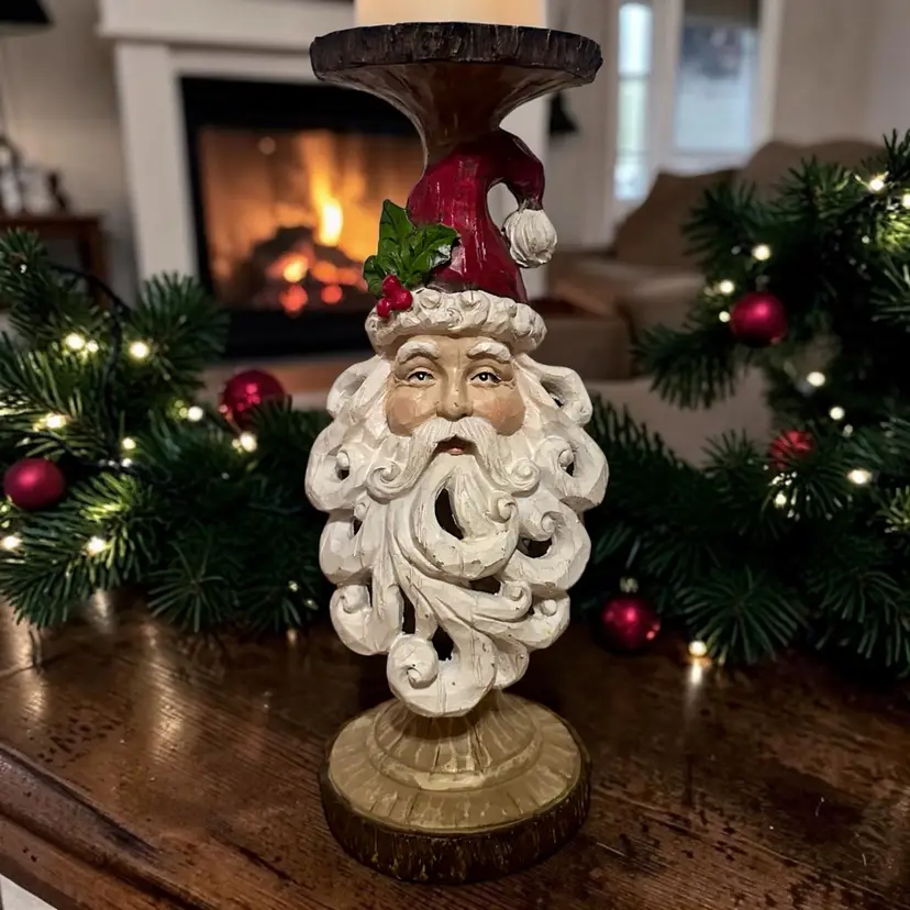 Vintage Folk Art Style Santa Head With Cutout Beard Pillar Candle Holder Stand Centerpiece