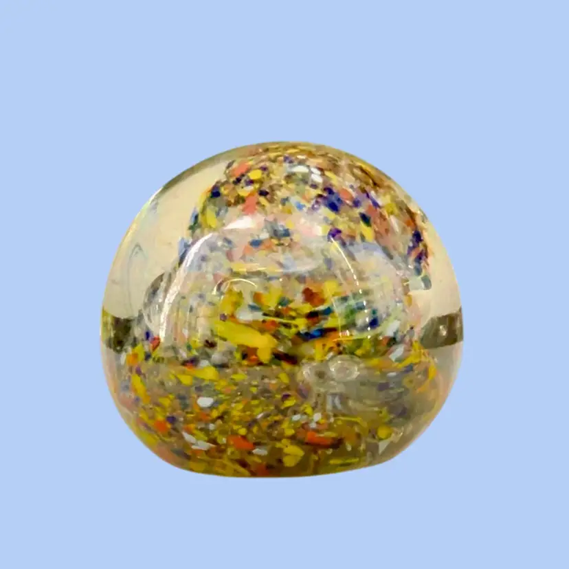 #235- Paperweight Confetti Art Glass Smooth Flat Bottom