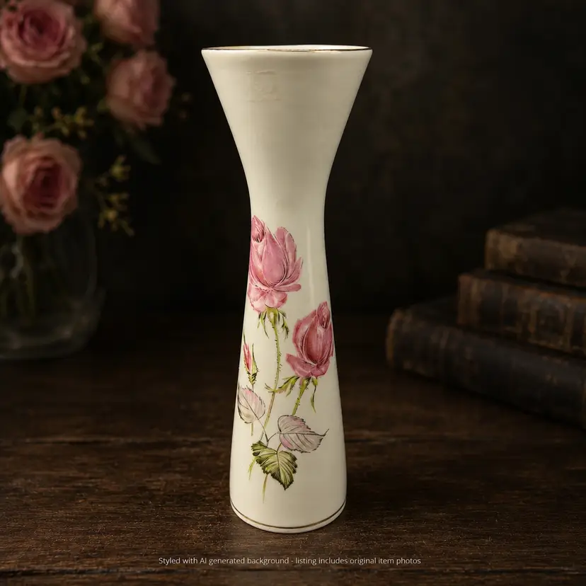 Vintage German Porcelain Bud Vase Pink Rose Floral Gold Trim Creamy White 9.25"
