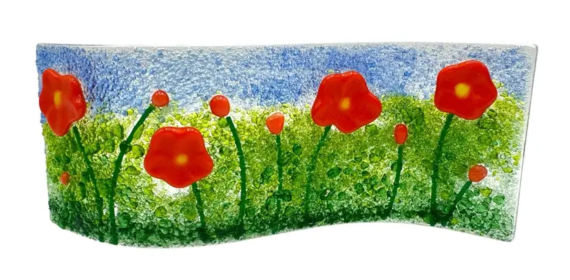 Fused Art Glass Wave Panel Floral Orange Flowers Window Sill Suncatcher Decor