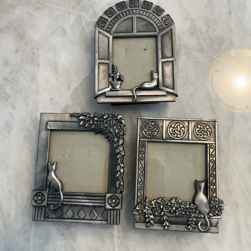 Set Of 3 Vintage Pewter Cat Picture Frames